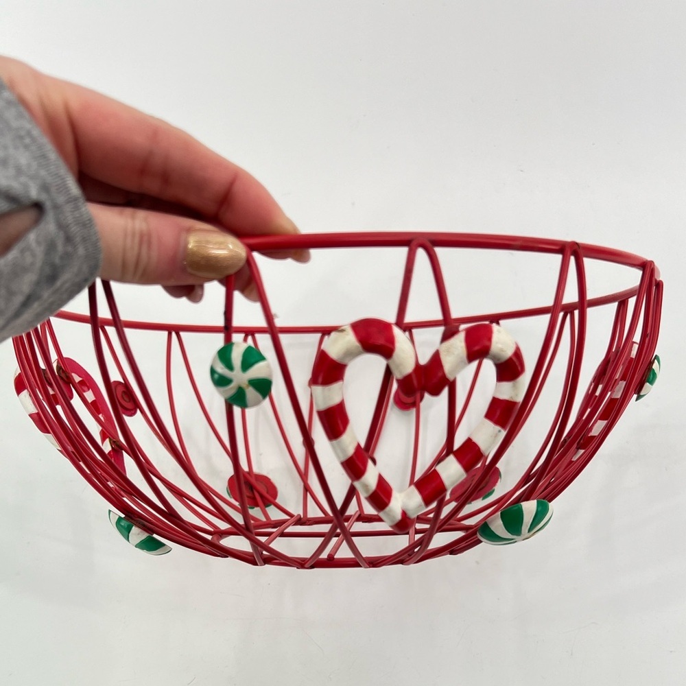 Christmas Red Wire Basket With Candy Cane And Heart Accents